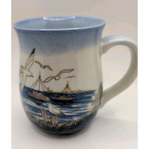 Otagiri Mug Cup Fishing Boats Coastal Nautical Seagulls Ocean Stoneware Potbelly